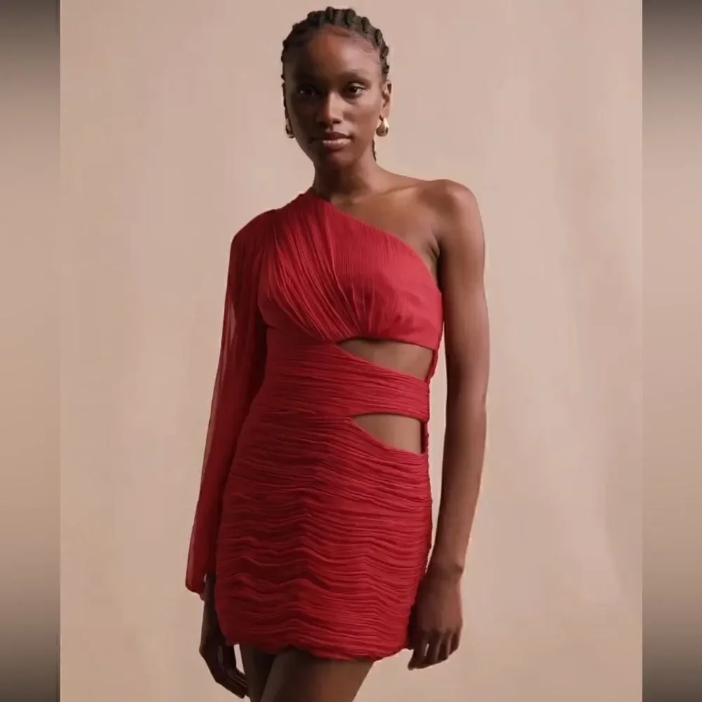 Free People Shona Joy Margot One Shoulder Cut Out Mini Dress - Sailor Red Size 8